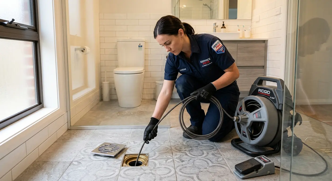 Technician clearing a bathroom floor drain for Sewer Line Replacement in Marion